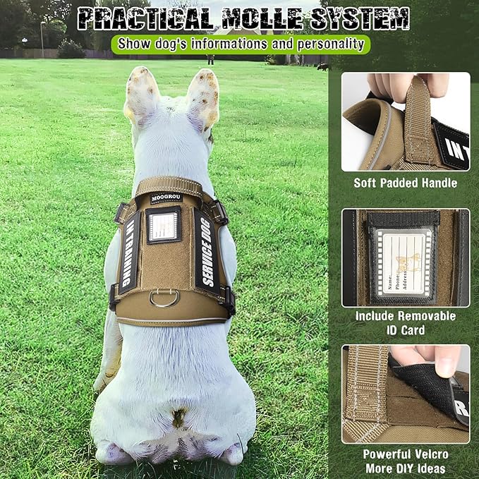 Tactical Dog Harness and Leash Set Small Sized Dog,Heavy Duty No Pull Service Dog Vest and 10 Patches with Dog Seat Belt,Reflective Adjustable Pet Harness for Training Walking Hiking Brown S