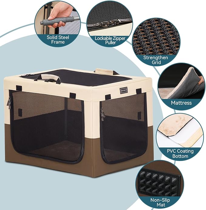 PETSFIT Portable Dog Crate, Collapsible Dog Crate - 24 Inch Easy Set-up, Light, Sturdy, Comfy Inside with Thicken Mat, Soft Crate for Home and Travel Brown