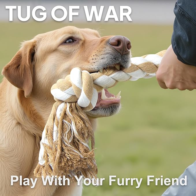 PetiFine Dog Rope Toys for Large/Medium Dogs, Chew Toys for Aggressive Chewers, Natural Cotton 3 Knots Interactive Tug of War Dog Pull Rope, Teeth Cleaning