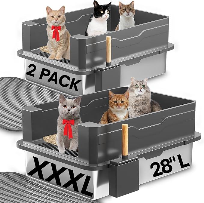 2-Pack XXXL Stainless Steel Cat Litter Box – Extra Large 28" L x 20" W with High Sides & Lid, Non-Stick, No Odor, Leak-Proof Metal Boxes for Large & Multiple Cats, Easy to Clean