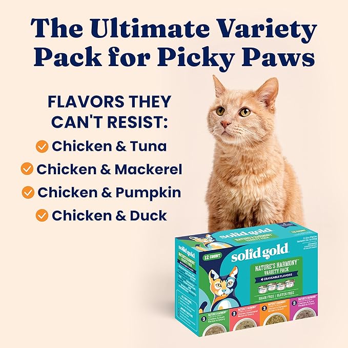 Solid Gold Wet Cat Food Variety Pack Shreds in Gravy - Healthy Canned Cat Food Made w/Real Chicken & Protein Shreds, Vitamins - Grain Free & Gluten Free Canned Meals for Cats & Kittens - 24ct/3oz Can
