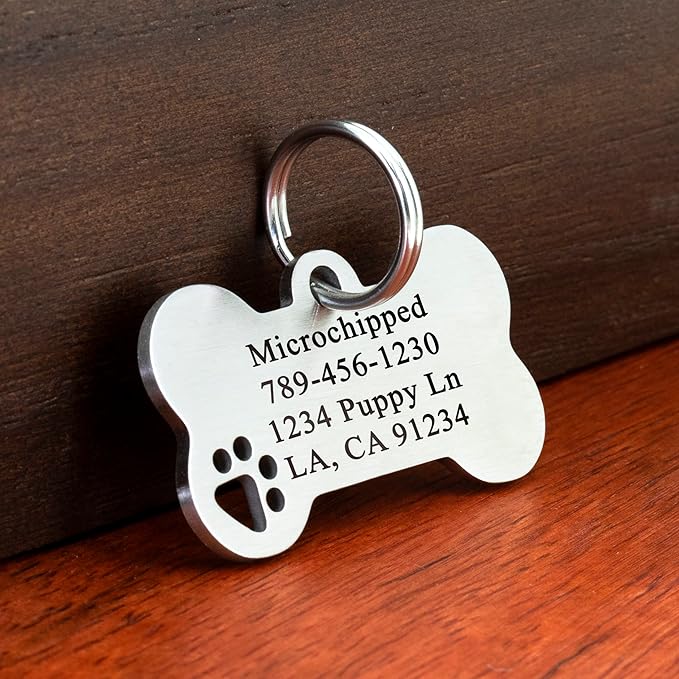 Ultra Joys Dog Tags Personalized for Pets - Hollow Paw Custom Pet ID Tag - Engraved Dog Tag for Small, Large Dogs - Small Bone in Silver