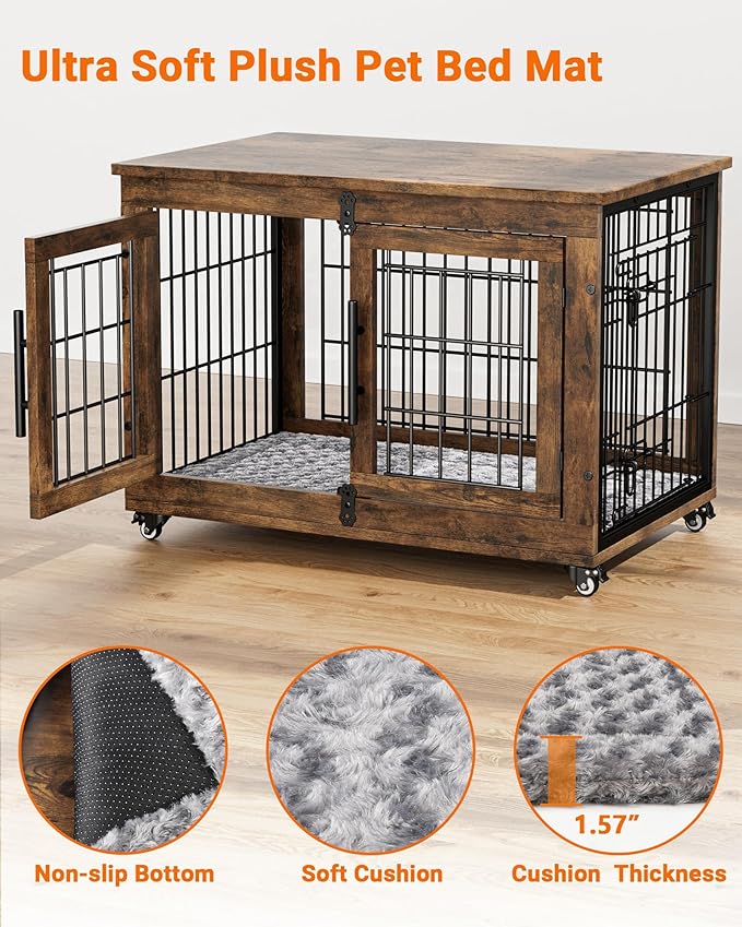 Dog Crate Furniture with Cushion, Wooden Dog Kennel Indoor with Double Doors, Dog Cage with Wheels, Dog House Side End Table for Small Medium Dogs up to 45 lb, 32.5” L, Rustic Brown