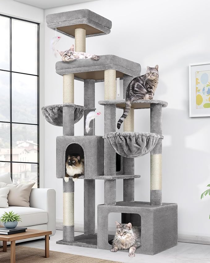 Globlazer Heavy Duty Cat Tree Tower for Large Cats, 68 inch Tall Multi-Level Sturdy Cat Tree Tower for Big Cat with 2 Oversized Condos, 2 Enlarged Perches, 2 Big Hanging Baskets, F68, Light Grey