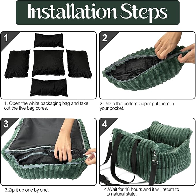 Dog Car Booster Seat, for Small Dogs Under 30 lbs, Detachable Washable Travel Bed with Storage Pockets and Safety Belt (Green, Medium)