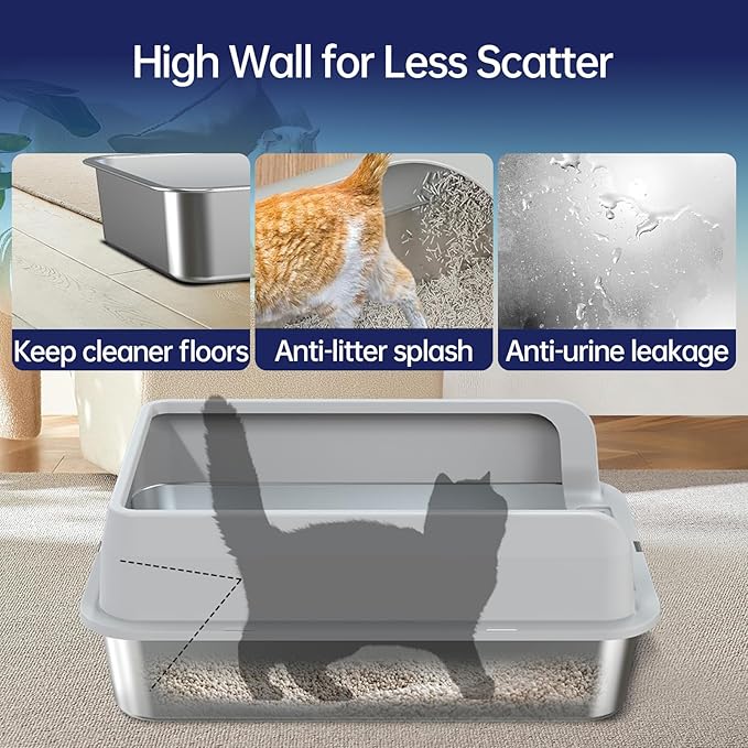 Stainless Steel Litter Box, Enclosed Cat Litter Box Metal Pan Tray with High Wall Sides Non-Stick No Smell Easy to Clean Pet Toilet Supplies for Indoor Cats,Kitten, Kitty, Rabbit (Front Pedal)