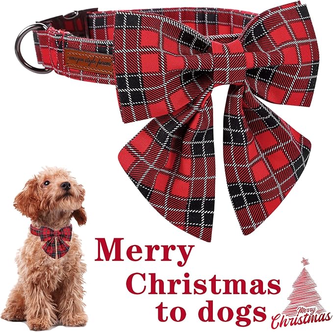 Unique style paws Christmas Dog Collar with Tie Red Black Grid Cotton Collar Adjustable Puppy Plaid Collar for Small Medium Large Dogs-XS