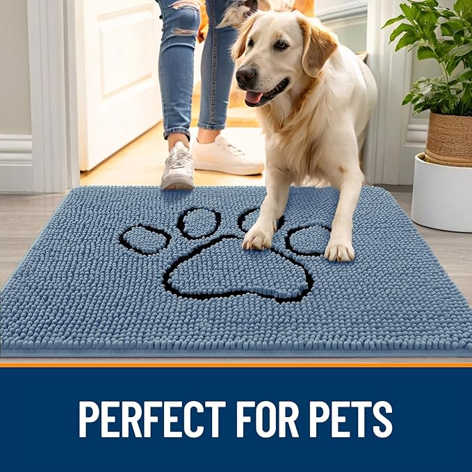 OLANLY Dog Door Mat for Muddy Paws 48x30, Paw Print Design, Absorbs Moisture and Dirt, Non-Slip Washable Doormat, Quick Dry Chenille Mud Mat, Entry Indoor Entryway Carpet, Airy Blue and Black