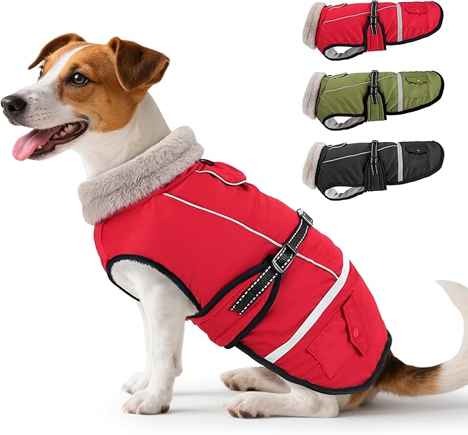 Dog Coat, Warm Dog Winter Coat Reflective Jacket Waterproof Fleece Vest, Pet Jacket Cozy for Cold Weather, Dogs Snowsuit Windproof, Adjustable Buckle for Large Dogs