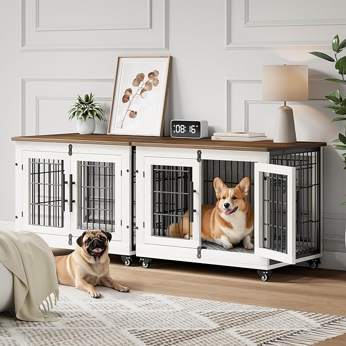 Dog Crate Furniture with Cushion, Wooden Dog Kennel Indoor with Double Doors, Dog Cage with Wheels, Dog House Side End Table for Small Medium Dogs up to 45 lb, 32.5" L, White