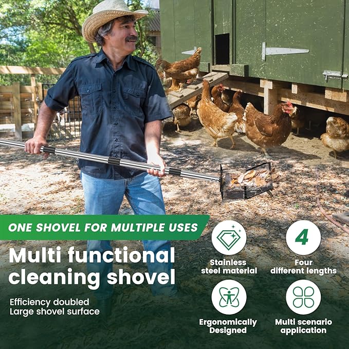 10Inch Chicken Poop Scooper, 35" to 75" Long Chicken Coop Litter Scoop with Stainless Steel Handle, 4 in 1 Multifunctional Heavy Duty Litter Sifting Shovel, Non Stick Detachable Cat Litter Sifter