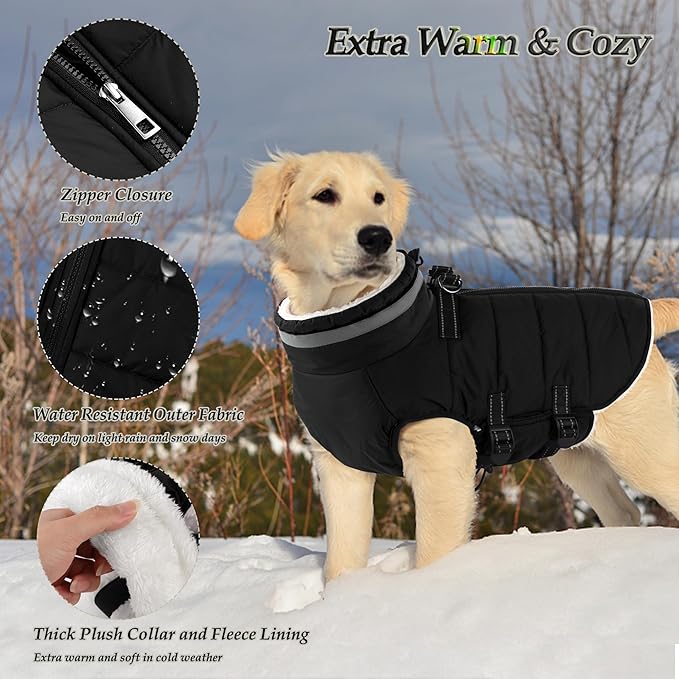 Dogcheer Dog Coat, Waterproof Dog Jacket with Harness, Reflective Adjustable Winter Coat with Zipper, Christmas Pet Snow Jacket Clothes for Small Medium Large Dogs - Black XL