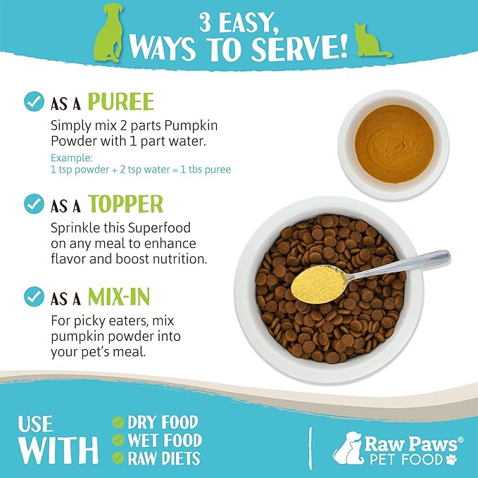 Raw Paws Organic Pumpkin Powder for Dogs & Cats (4-Ounce) - Made in USA - Fiber for Cats - Healthy Stool - Diarrhea & Constipation Relief - Dried Pumpkin for Dogs - Dog Food Topper