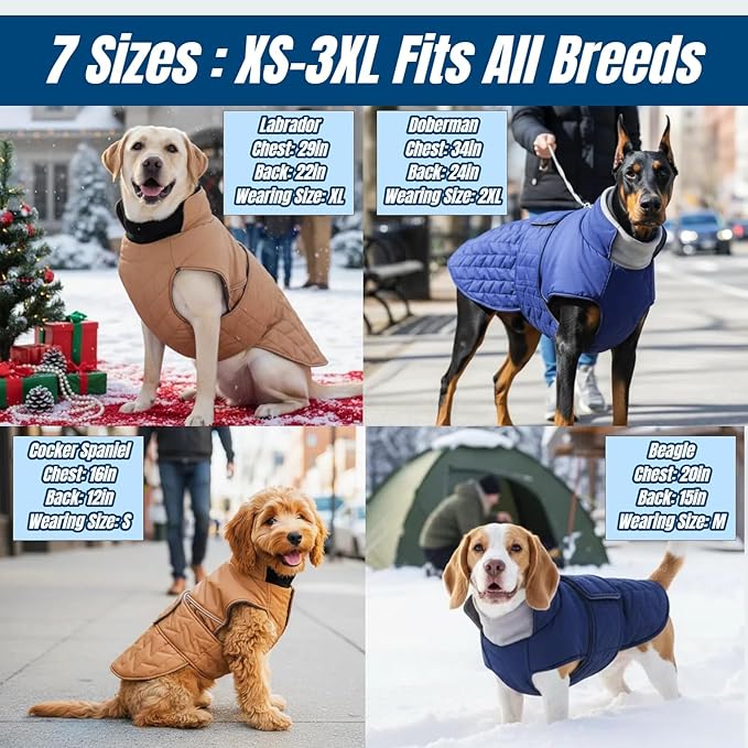 Outdoor Classic Quilted Upgraded Dog Winter Coat, Waterproof & Warmth Coats for Extra Large Dogs, Easy On & Off Jacket Chest Adjustable, Thick Pet Jackets for Great Dane Doberman(Khaki, 3XL)