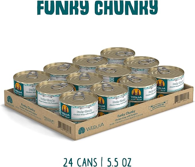 Weruva Classic Dog Food, Funky Chunky Chicken Soup with Chicken Breast & Pumpkin in Gravy, 5.5oz Can (Pack of 24), Blue
