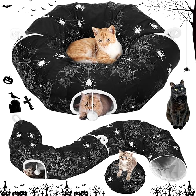 Aliceset Halloween Cat Tunnel Bed for Indoor Cats 3ft x 3ft x 10in Foldable Cat Donut Tunnel with Washable Cushion Halloween Spider Pet Peekaboo Cave Toy for Small Kitten Kitty