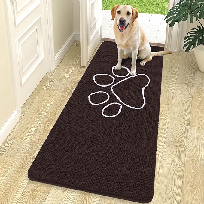 OLANLY Dog Door Mat for Muddy Paws 70x24, Paw Print Design, Absorbs Moisture and Dirt, Absorbent Non-Slip Washable Doormat, Quick Dry Chenille Mud Mat for Dogs, Entry Indoor Entryway Carpet, Brown