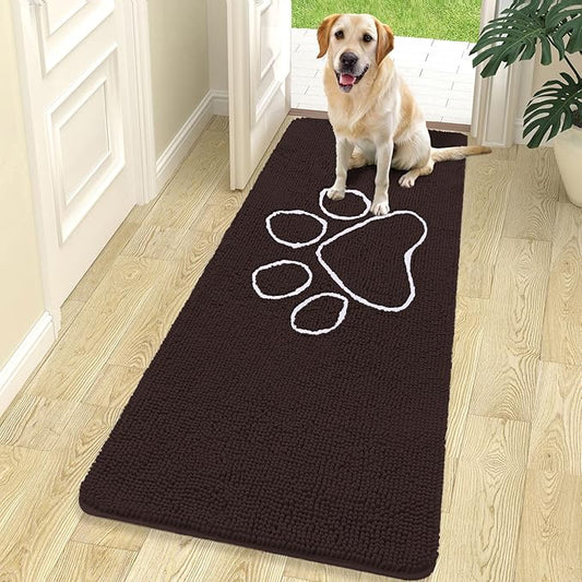 OLANLY Dog Door Mat for Muddy Paws 70x24, Paw Print Design, Absorbs Moisture and Dirt, Absorbent Non-Slip Washable Doormat, Quick Dry Chenille Mud Mat for Dogs, Entry Indoor Entryway Carpet, Brown