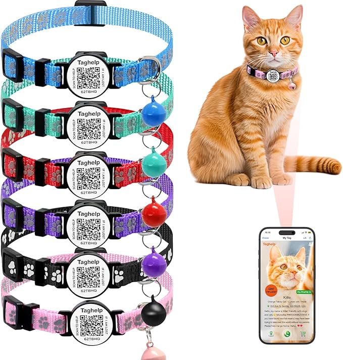 6 Pack Breakaway Cat Collar with QR Code & Bell, Reflective Safety Collars with Online Pet ID Storage, Adjustable Nylon Collars for Multiple Cats (Mixed Colors)