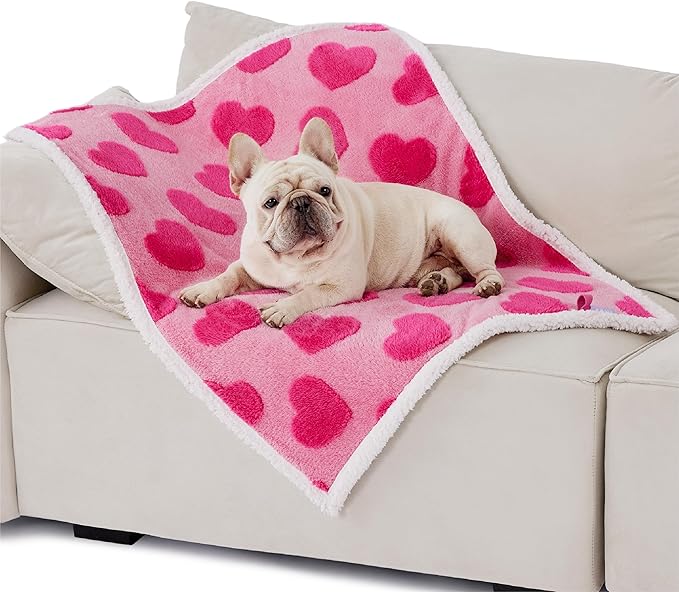 Lesure Waterproof Puppy Blanket for Medium Dogs - Washable Double Sided Dog Blankets with Warm Jacquard Shag and Soft Sherpa Fleece, Pet Cat Blanket for Couch Protection, Love Pattern Design，Pink