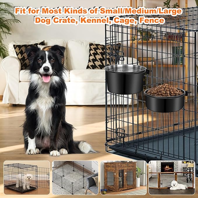 No Spill Water Bowl for Dogs, Sturdy Stainless Steel Dog Dishes 2 Pack with Dog Bowl Holder Hanging on Pet Cage Kennel Crate, Detachable Metal Food/Water Bowl Set for Medium/Large Dogs