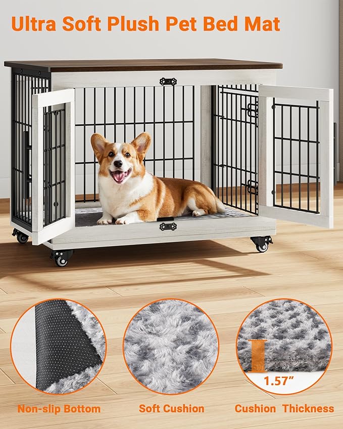 Dog Crate Furniture with Cushion Set of 2, Wooden Dog Kennel Indoor with Double Doors, Dog Cage with Wheels, Dog House Side End Table for Small Medium Dogs up to 45 lb, 32.5" L, White
