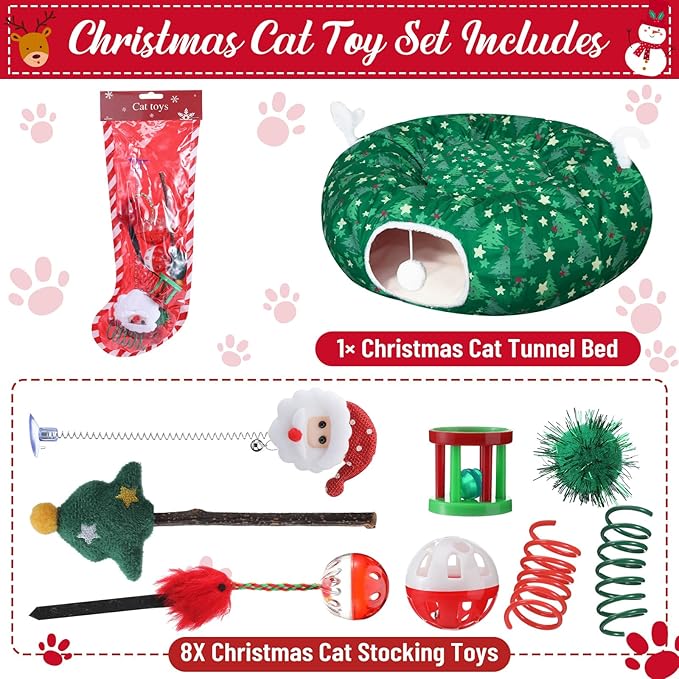 Christmas Cat Tunnel Bed with 8 Cat Toys Fluffy Plush Dog Tunnel Bed with Washable Cushion and Dangling Balls 3FT Multifunctional Playground for Small Medium Large Rabbit(Tree,Green)
