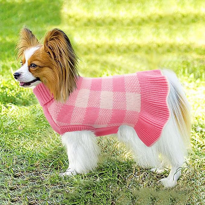 Dog Sweater Dress Plaid Knitwear for Small Medium Dogs Warm Puppy Pet Turtleneck Stretch Pullover Cute Fall Winter Vest Clothes with Leash Hole for Christmas (Pink, M)