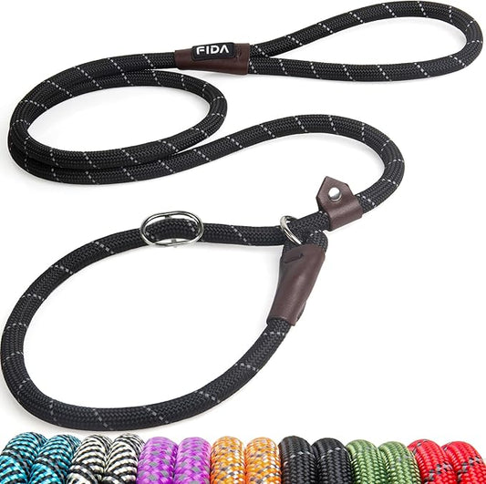 Fida Durable Slip Lead Dog Leash, 6 FT x 1/2" Heavy Duty Dog Loop Leashes, Comfortable Strong Rope Slip Leash for Large Medium Dogs, No Pull Pet Training Lead with Highly Reflective(1/2", Black)