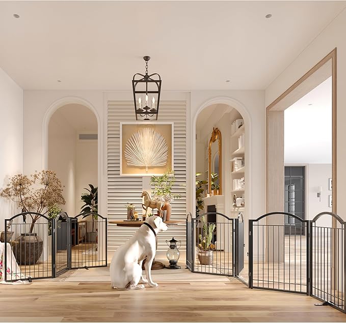 BHG Metal No-Assembly Freestanding Dog Gate with Door Walk Through, Extra Wide 72", Extra Tall 32" Pet Gate, Accordion Puppy Folding Playpen Dog Fence, with 2PCS Support (Black, 3 Panels)