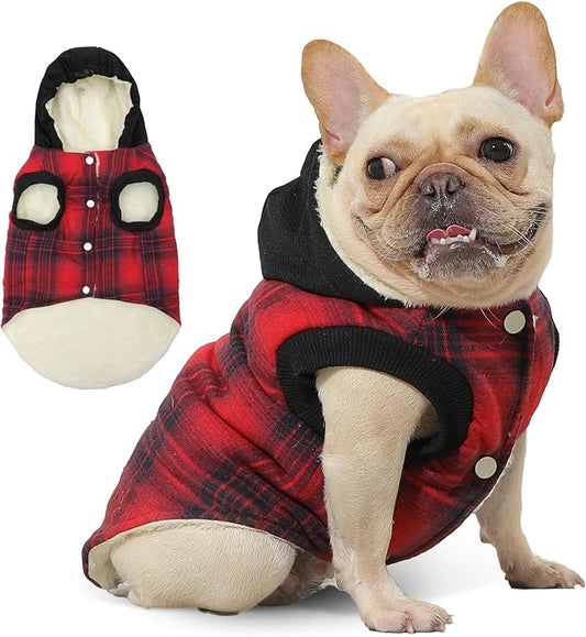 Fleece Lining Dog Hoodie for Medium Dogs Extra Warm Plaid Sweater with Drawstring Hooded Coats in Winter Doggie Jacket,Red XL