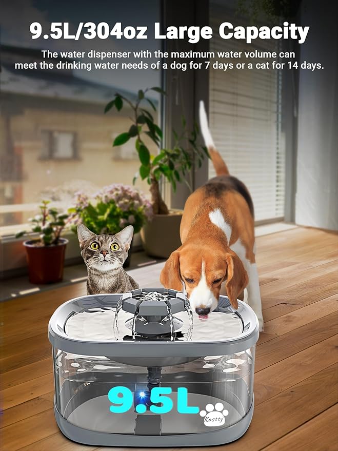 Kastty 2.5Gal/9.5L Dog Water Fountain Extra Large Pet Water Fountain 3 Flow Modes Cat Water Fountain Larger Filter Filtration& Smart LED Pump& Safe Touch, BPA-Free, Quiet for Large Dogs Pets FS68