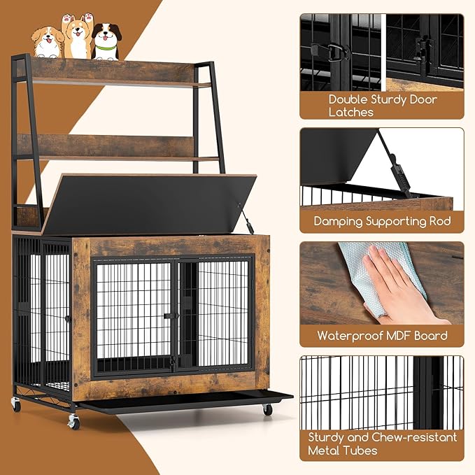 Giantex 38" Dog Crate Furniture with Storage Shelves, Wooden Dog Kennel End Table with Flip Top, 3 Doors, Wheels & Pull-Out Tray, Chew-Resistant Indoor Pet Crate House for Large Dogs, Rustic Brown