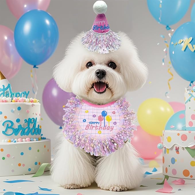 Dog Birthday Party Supplies, Dog Birthday Bandana Set,Bling Boy Girl Party Hat with Numbers for Puppy Large Medium Small Pet (Silver Set, Small)