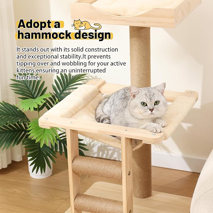KVIDA Wooden Cat Tree for Large Cats – 35" Extra-Stable 3-Level Tower with Hammock, Oversized Perch & Thick Sisal Posts, Modern Solid Wood Cat Furniture for Indoor Multi-Cat Homes