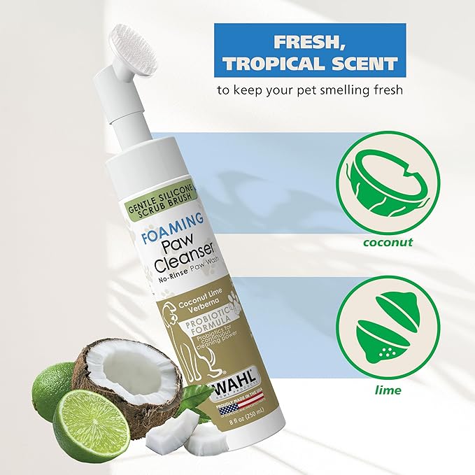 Wahl USA Gentle Foaming Dog Paw Cleaner, No-Rinse Probiotic Formula with Soft Silicone Paw Scrubber Brush, Coconut Lime Verbena Scent, 8 fl oz – Model 3028477