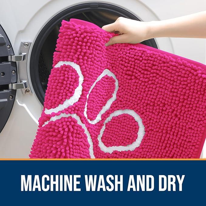 OLANLY Dog Door Mat for Muddy Paws 30x20, Paw Print Design, Absorbs Moisture and Dirt, Absorbent Non-Slip Washable Doormat, Quick Dry Chenille Mud Mat for Dogs, Entry Indoor Entryway Carpet, Hot Pink