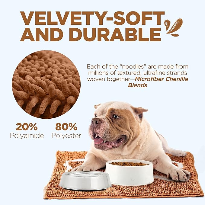 Soggy Doggy Slopmat - Water Absorbing Door Mat for Food and Water - Microfiber Chenille Rug for Muddy Paws and Messy Eaters - Machine Washable (Caramel Brown/Oatmeal Bone, 18” x 24″)