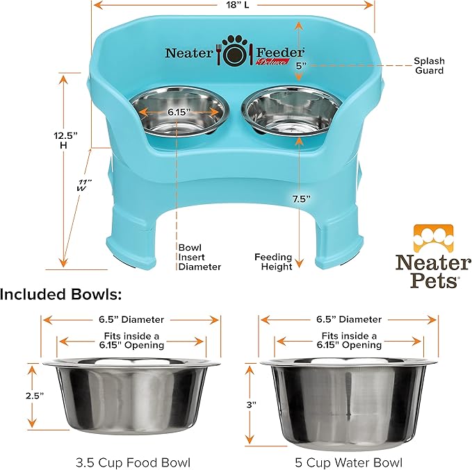 Neater Feeder Deluxe Mess Proof Dog Bowls Elevated Medium Sized Dogs (19-40 lbs) Made in USA, No Spill Raised Dog Food Bowl Stand w/Leg Extension, Stainless Steel Food and Water Bowl Set, Aquamarine