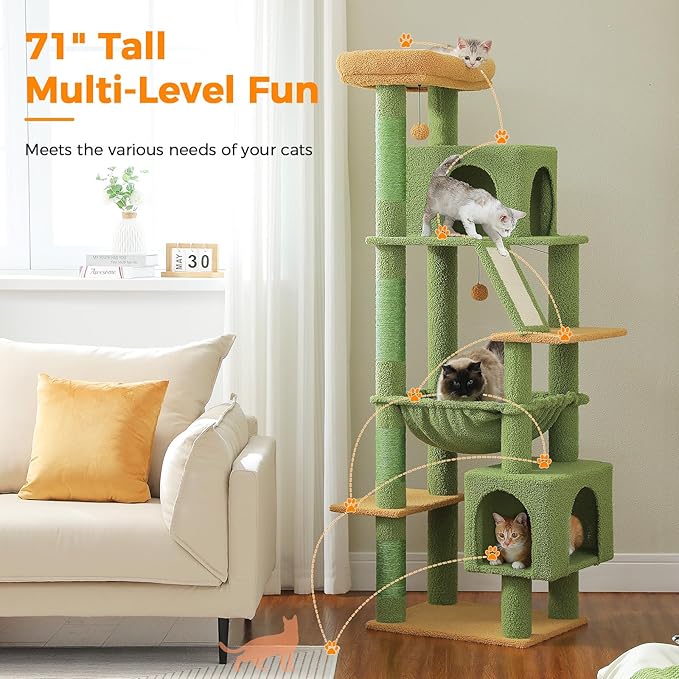 71 Inch Tall Cactus Cat Tree for Indoor Cats Large Adult, Multi-Level Cat Tower with Extra Large Hammock, 2 Cat Caves, Spacious Top Perch, Scratching Pad, Green