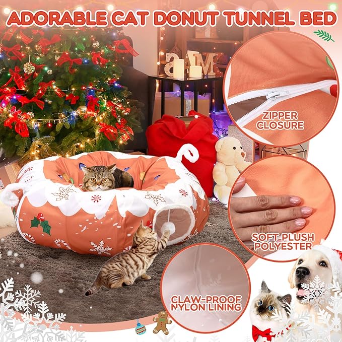 Aliceset Christmas Gingerbread Man Cat Tunnel Bed for Indoor Cats 3ft x 3ft x 10in Foldable Cat Donut Tunnel with Washable Cushion Gingerbread Man Pet Peekaboo Cave Toy for Small Kitten Kitty