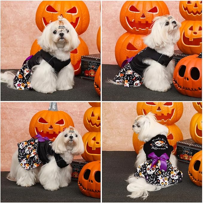 CuteBone Halloween Dog Dresses Velvet Holiday Small Dogs Clothes Onesie Pet Apparel Girl Puppy Skirt with Bow Hair Rope CVA58XXS-D