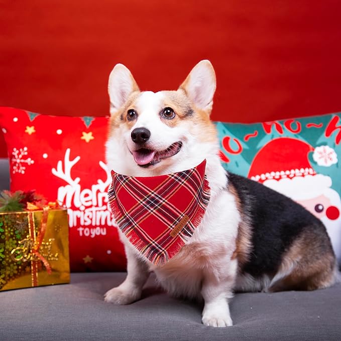 ADOGGYGO Christmas Dog Bandanas with Tassels, Stylish Red Green Plaid Dog Scarf Bib, Multiple Sizes, Pet Christmas Bandanas for Medium Large Dogs (Large)