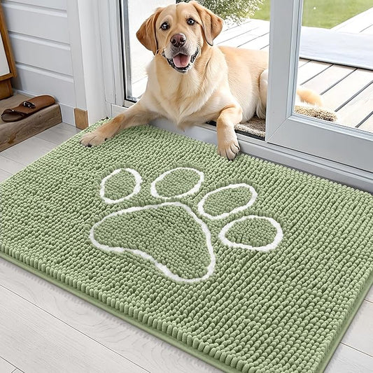 OLANLY Dog Door Mat for Muddy Paws 36x24, Paw Print Design, Absorbs Moisture and Dirt, Non-Slip Washable Doormat, Quick Dry Chenille Mud Mat for Dogs, Entry Indoor Entryway Carpet, Sage Green