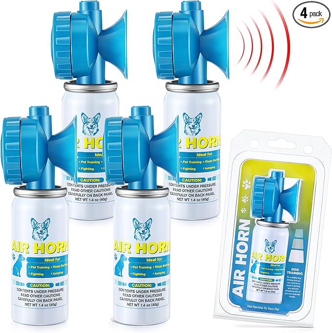 Air Horn, 1.4 oz 120 dB Loud Air Horns for Safety, for Coyotes and Aggressive Dog, Stops Attacking Fighting Barking Chasing, Effective Training Tool & Outdoor Safety Alarm, Blue(4 Pack)