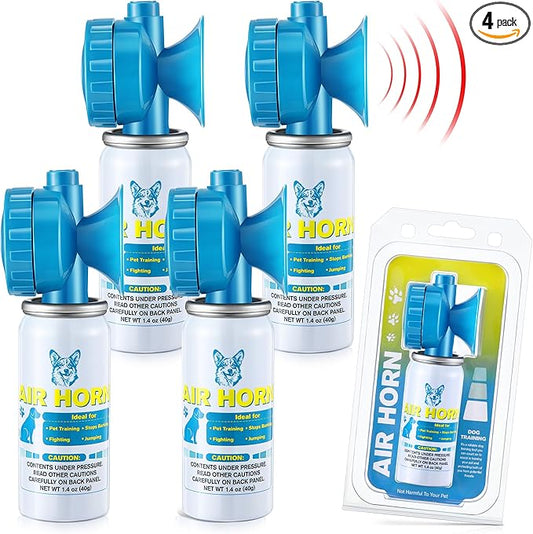 Air Horn, 1.4 oz 120 dB Loud Air Horns for Safety, for Coyotes and Aggressive Dog, Stops Attacking Fighting Barking Chasing, Effective Training Tool & Outdoor Safety Alarm, Blue(4 Pack)