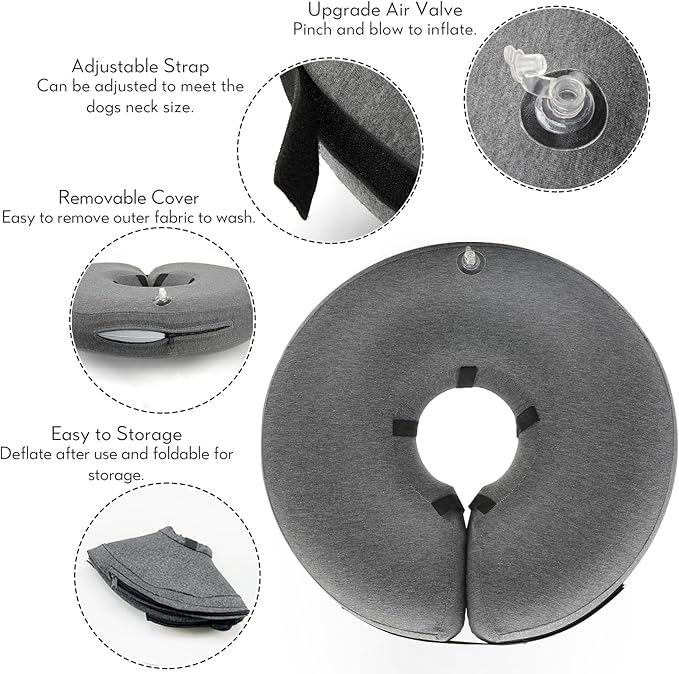 MIDOG Inflatable Dog Cone Alternative for After Surgery - Soft Protective Donut Collar Prevents Licking & Allows Eating, Comfortable Recovery E-Collar Alternative for Small Medium Large Dogs (Gray,M+)