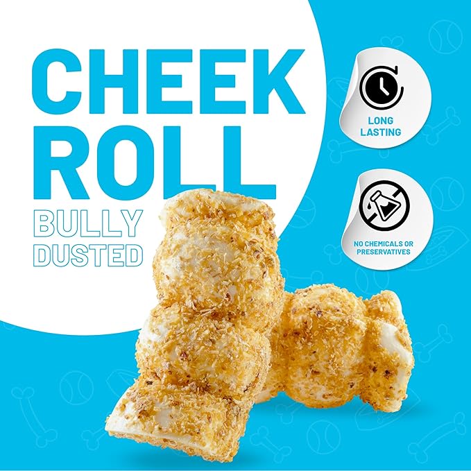 Sitka Farms Beef Cheek ROLL Bully Dusted 5-6 Inch (4 Count) Extra Thick Dog Chew Bones No Rawhide Sourced from Free Range Grass Fed/Healthy Teeth and Gums for Small Medium and Large Dogs