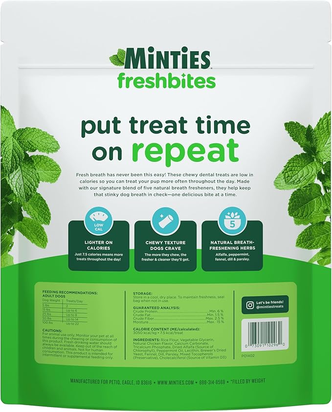 Minties FreshBites Soft and Chewy Dental Treats for Dogs, Low Calorie Natural Mint Flavored Dental Chews for Dogs, 100 Count, Chews Clean Teeth, Fight Bad Breath, and Removes Plaque and Tartar