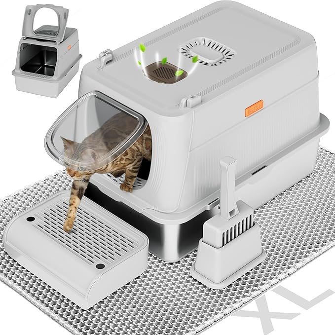 Citylife Stainless Steel Cat Litter Box with Lid，XL Extra Large Enclosed Removable Metal Litter Box with Litter Scoop&Double Layer Litter Mat,Non-Sticky，Non-Odor,Easy Cleaning, for Big Cats，Grey